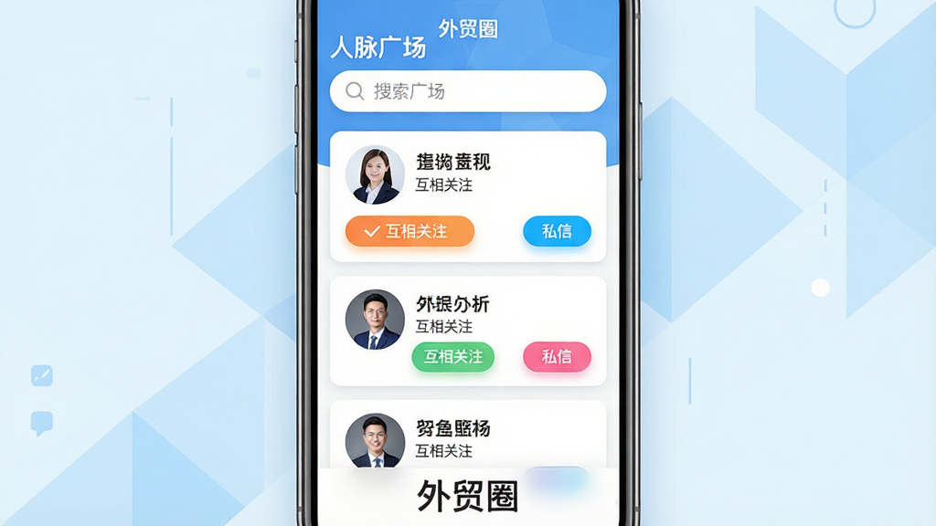 主体:智能手机屏幕展示外贸圈APP的“人脉广场”界面,顶部为搜索框,下方为多张带头像与公司信息的卡片,有“互相关注”“私信”按钮。布局:手机居中,背景为淡蓝色几何图形装饰,下方有“外贸圈”字样。排版:卡片信息流形式,头像圆形排列,按钮用彩色突出。风格:社交软件风格,清爽活泼。细节:头像为职业照片,公司名称加粗,界面按钮有按压阴影。画质:细腻,色彩舒适,画面干净。