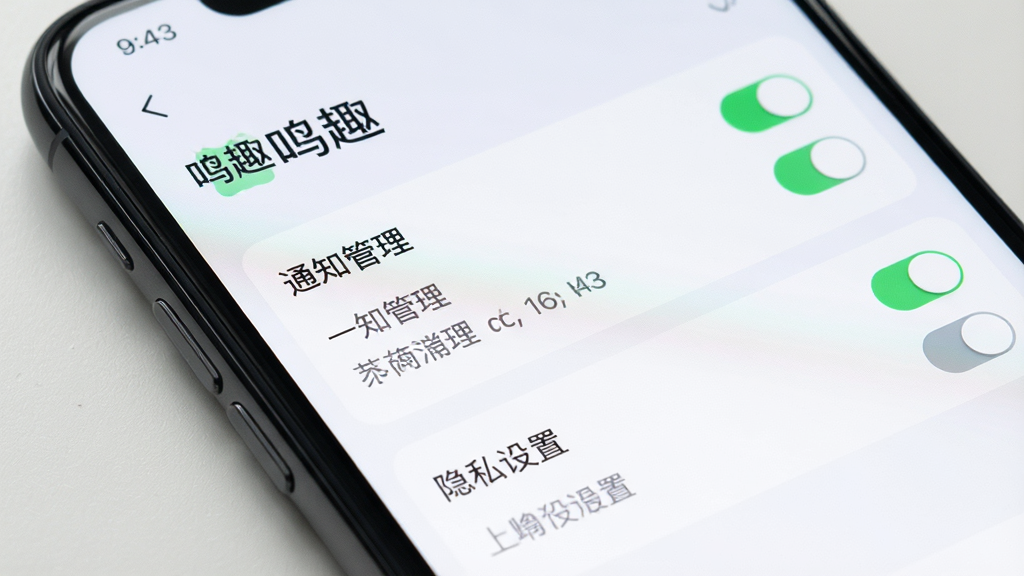 主体:手机屏幕上运行“鸣趣”应用的设置界面。布局:特写手机屏幕,展示“通知管理”和“隐私设置”选项。排版:设置列表清晰,有开关按钮状态。风格:简洁的UI设计风格。细节:需清晰显示“鸣趣”应用名称和设置菜单文字。画质:高清,细节丰富,干净,无多余元素。