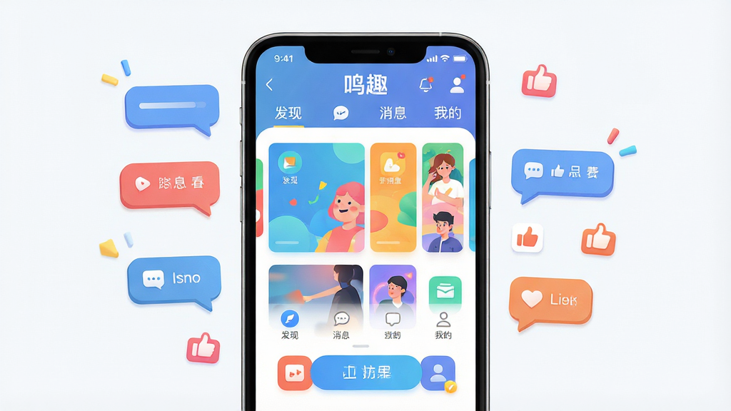 主体:一款名为“鸣趣”的手机应用界面,展示其主屏幕和功能图标。布局:手机位于画面中央,屏幕内显示多彩的社交卡片和互动按钮,周围有漂浮的对话气泡和点赞图标。排版:界面清晰,图标排列有序,色彩明快。风格:现代扁平化设计,活泼且具有科技感。细节:屏幕内容需清晰可见,包含“鸣趣”字样和“发现”、“消息”、“我的”等标签。画质:高清渲染,干净,无多余元素。