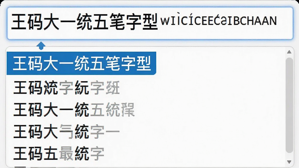 展示王码大一统五笔字型智能联想功能的截图,输入框内显示“王码大一统五笔字型”拼音与五笔编码,下方弹出多个联想候选词,界面清爽,高亮显示首个候选词,风格简洁,细节到位,画质清晰,干净无多余元素