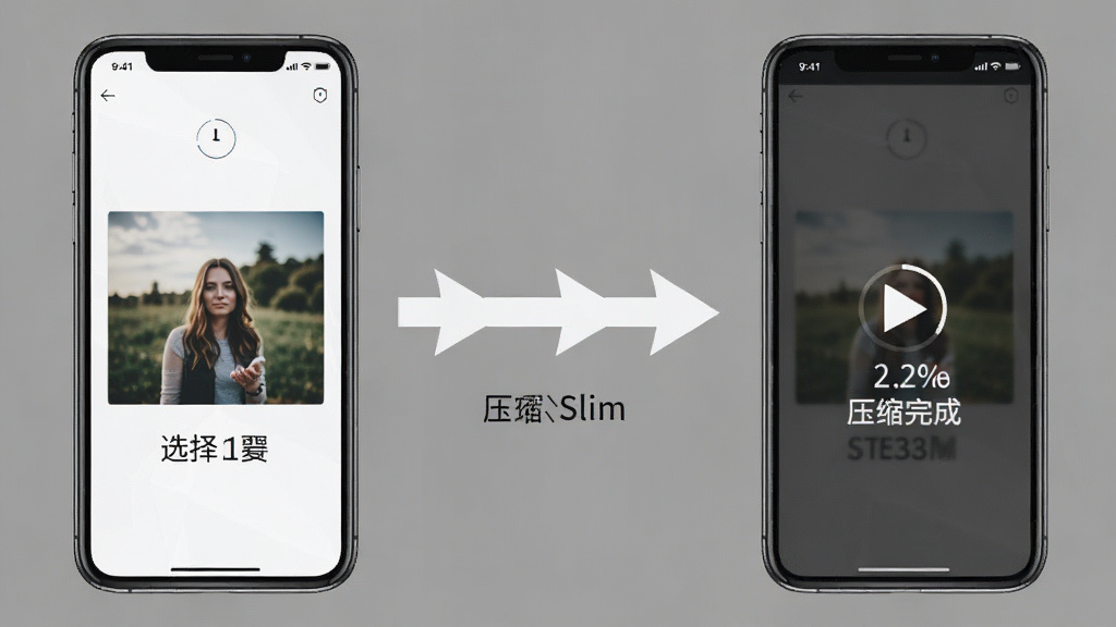 AlbumSlim使用步骤示意图,手机截图展示从选择图片到压缩完成的流程,步骤清晰标注,背景纯色,画质干净无多余元素