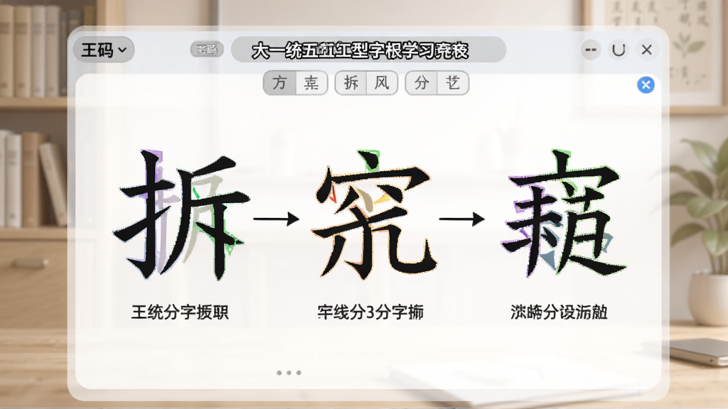 展示王码大一统五笔字型字根学习界面的图片,界面中显示一个汉字的拆分过程,字根以不同颜色标注,配以文字说明,背景为柔和的教育风格,布局规整,风格清晰明了,细节丰富,画质高,干净无多余元素
