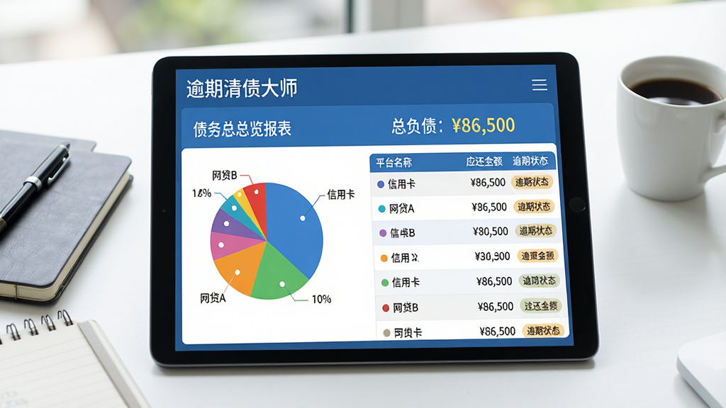 一台平板电脑横屏放置在书桌上,屏幕显示“逾期清债大师”的债务总览报表页面,左侧是彩色饼状图标注“信用卡”、“网贷A”、“网贷B”等占比,右侧是明细列表,每行包含平台名称、应还金额、逾期状态标签。页面顶部有“总负债:86,500”大字统计。整体风格为蓝色商务风,桌面有笔记本和咖啡杯,环境明亮整洁,画质清晰,无多余元素。