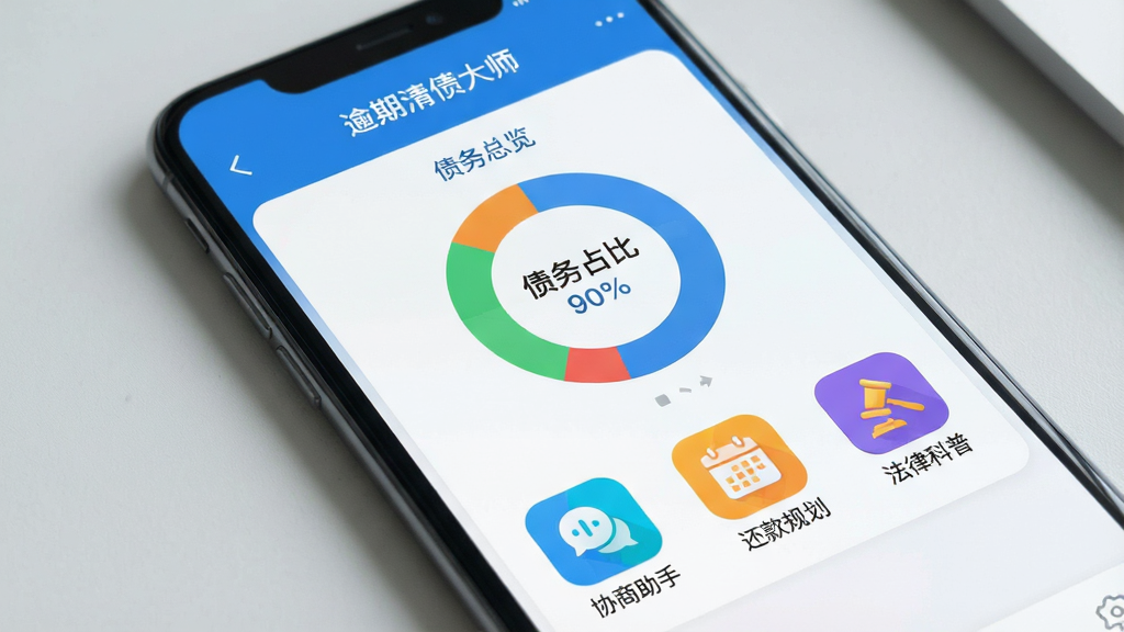 一张智能手机屏幕的特写,屏幕中清晰显示“逾期清债大师”APP主界面,界面顶部有“债务总览”字样,中部以环形图表展示不同债务占比,下方排列着“协商助手”、“还款规划”、“法律科普”等彩色功能图标。整体UI采用蓝白主色调,扁平化设计风格,背景为浅灰色桌面,手机略微倾斜,光线柔和,画质干净,无多余元素。