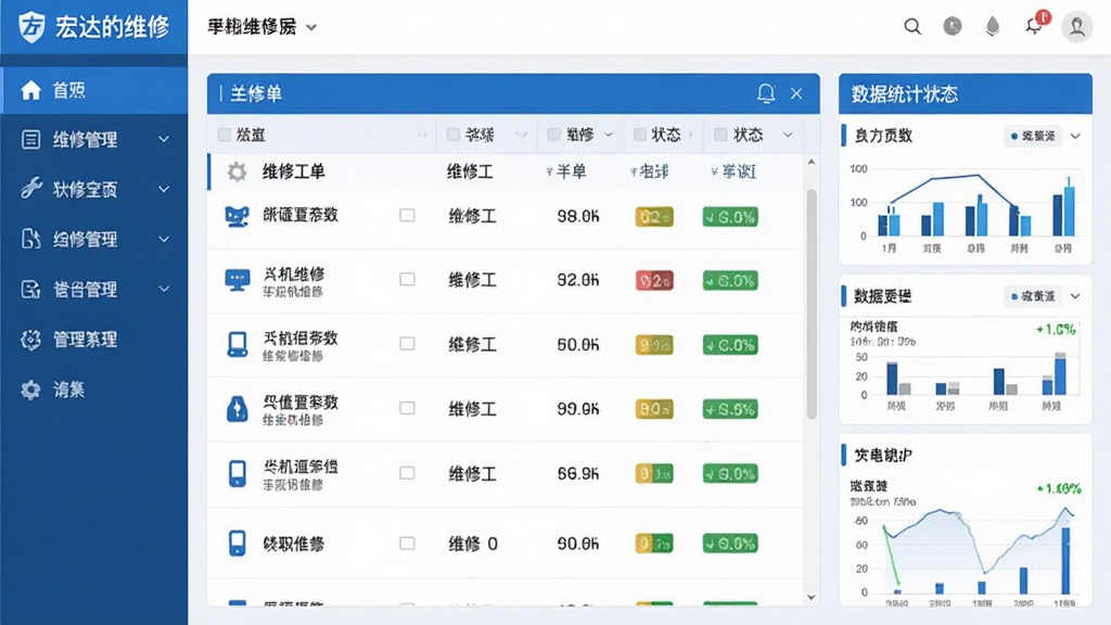 宏达手机维修管理系统主界面截图,展示维修工单列表与状态看板,左侧为功能导航栏,右侧为数据统计面板,整体采用蓝白配色,界面清爽,图标清晰,布局规整,风格现代,细节丰富,画质干净,无多余元素