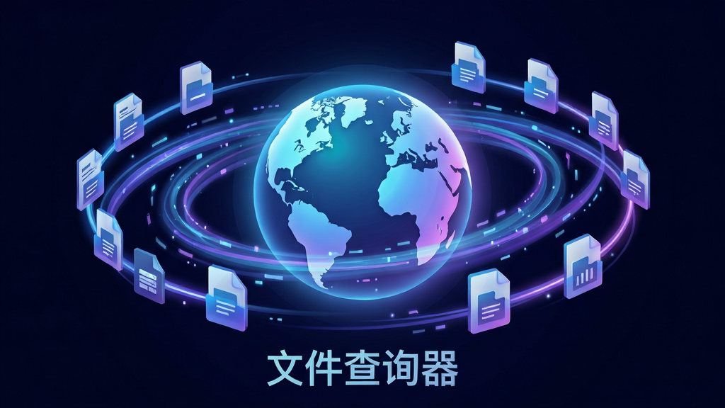 主体:“文件查询器”软件内部引擎工作示意图,以抽象化的数据流与文件图标构成。布局:画面中央为一个发光的地球仪造型,周围环绕着高速流动的数据光线与各类文件格式图标。排版:中心对称,信息层级分明。风格:极具科技感的抽象数字艺术风格。细节:数据光线呈现蓝紫色渐变,文件图标悬浮在轨道上,底部有“文件查询器”的英文标识。画质:细节丰富,色彩绚烂,干净无多余元素。