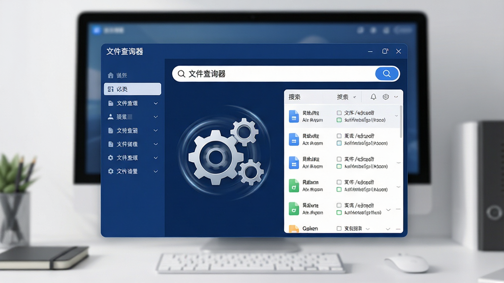 主体:一款名为“文件查询器”的软件主界面悬浮于现代办公桌上,界面内展示着高速旋转的搜索齿轮与清晰的文件列表结果。布局:界面占据画面中央,左侧为分类导航栏,右侧为搜索结果区域,背景为虚化的电脑屏幕与整洁桌面。排版:界面UI采用扁平化设计,功能按钮排列有序,搜索框醒目。风格:科技感与商务简约风结合,色彩以深蓝与白色为主。细节:搜索框内显示“文件查询器”字样,结果列表带有文件类型图标与路径信息。画质:高清渲染,光影自然,画面干净,无多余元素。