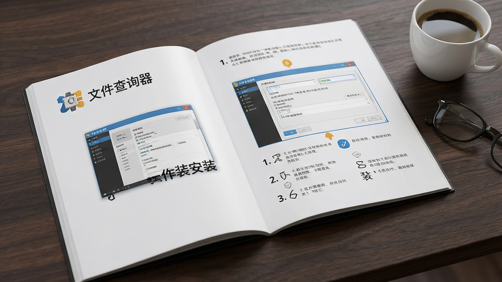主体:一本翻开的操作手册,左侧页面印有“文件查询器”的LOGO,右侧页面展示了安装步骤截图。布局:手册平铺在深色木纹桌面上,旁边摆放着一杯咖啡与一副眼镜。排版:图文并茂,步骤序号清晰标注。风格:写实摄影风格,光线柔和。细节:手册页面上的文字清晰可读,展示了软件主界面与设置选项。画质:细节丰富,景深效果自然,画面干净,无多余元素。