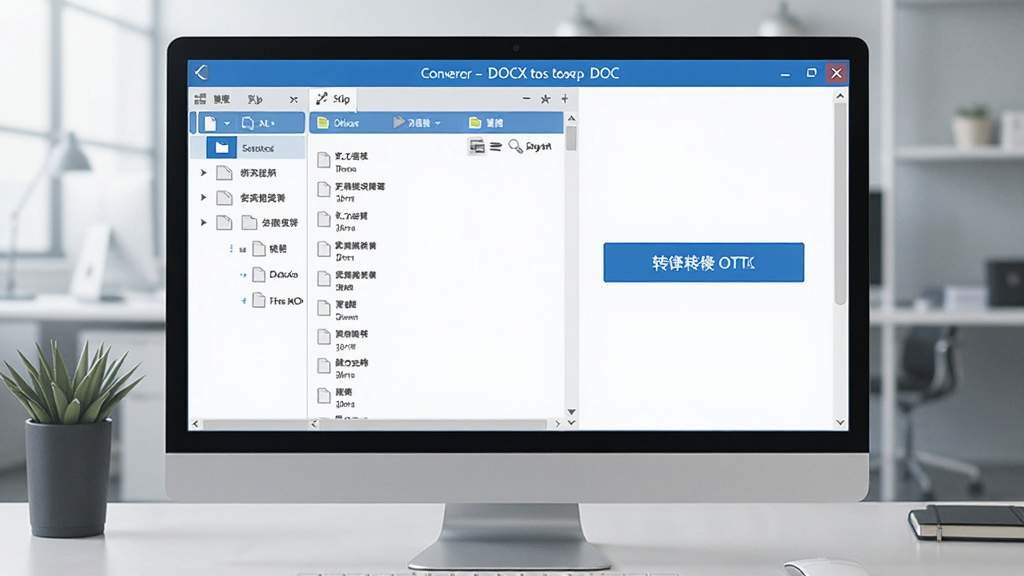 一张展示DOCX转DOC转换器软件界面的电脑截图,界面简洁清晰,左侧为文件列表,右侧为转换按钮,背景为现代办公桌场景,整体色调蓝白相间,风格商务专业,画质高清干净无多余元素
