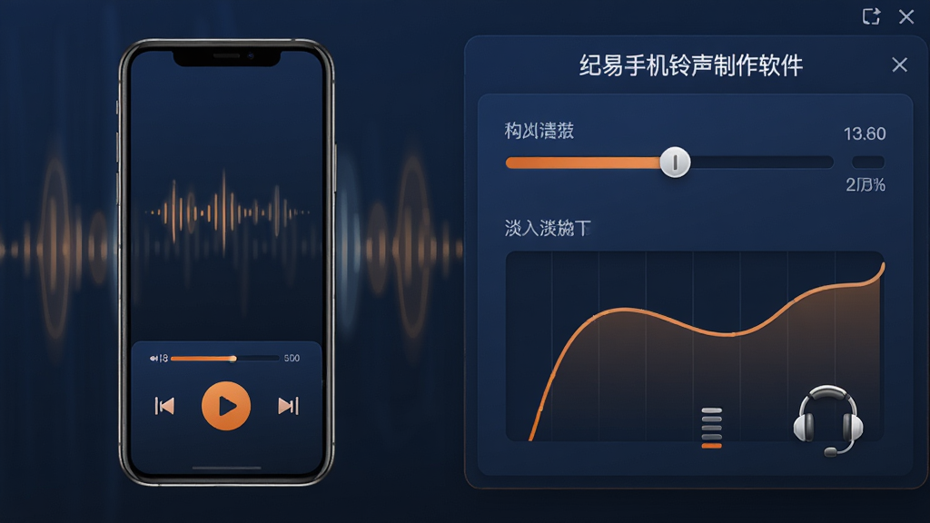 主体:纪易手机铃声制作软件的音频效果调节面板,显示音量滑块、淡入淡出曲线图,有一个耳机图标。布局:面板位于画面右侧,左侧是手机模型播放铃声,背景有柔和的声波图案。排版:左右结构,主色调深蓝与橙色点缀。风格:专业音频工作室风格。细节:滑块带有数值标签,曲线平滑,耳机图标精致。画质:超清,干净无多余元素