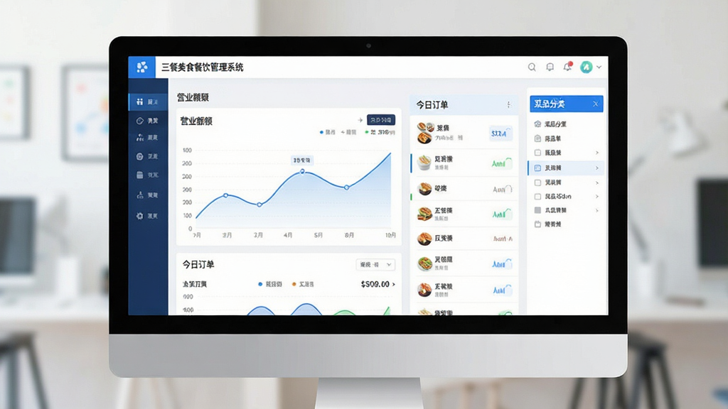 一张现代简约风格的餐饮管理系统界面预览图,主体为电脑屏幕中展示的三餐美食餐饮管理系统后台,屏幕内显示清晰的营业额折线图、今日订单列表和菜品分类管理菜单,布局整洁,采用蓝色和白色为主色调,界面扁平化设计,细节处突出数据看板与功能图标,整体画质清晰干净,无多余元素,图片中文字标注“三餐美食餐饮管理系统”