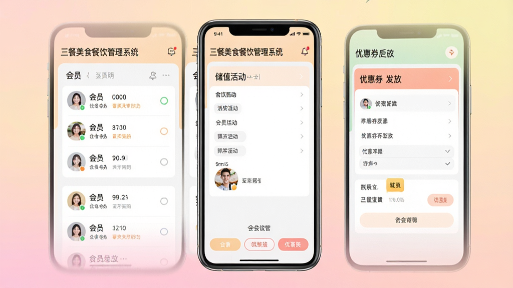 一张手机屏幕展示三餐美食餐饮管理系统会员营销后台的界面,主体为会员列表、储值赠送活动设置和优惠券发放页面,背景为柔和渐变色,布局清晰,风格清新简约,细节显示会员头像与消费数据标签,画质干净无多余元素,屏幕内文字包含“三餐美食餐饮管理系统”