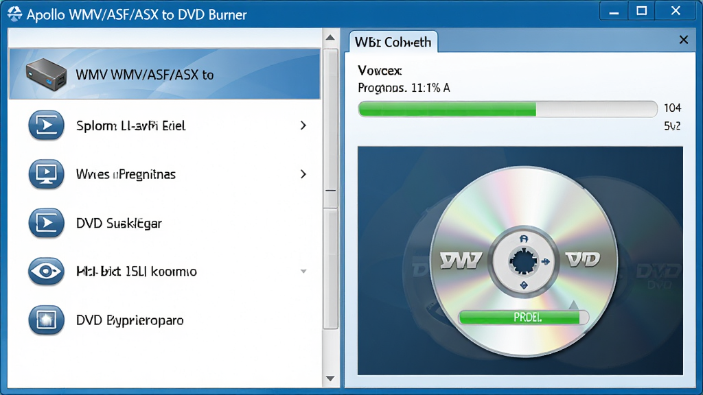 ���壺Apollo WMV/ASF/ASX to DVD Burner�����������¼���̡����֣�������������б����Ҳ���ʾ��Ƶת��������DVD���̿�¼״̬���Ű棺�����Ĺ��ܷ�����ͼ�������ֽ�ϡ�����ִ���������ɫ��ɫ����ϸ�ڣ��������ơ�Apollo WMV/ASF/ASX to DVD Burner����ʾ�ڴ��ڱ���������¼��ͼ������ɫ�����������ʣ����壬�ɾ����޶���Ԫ�ء�