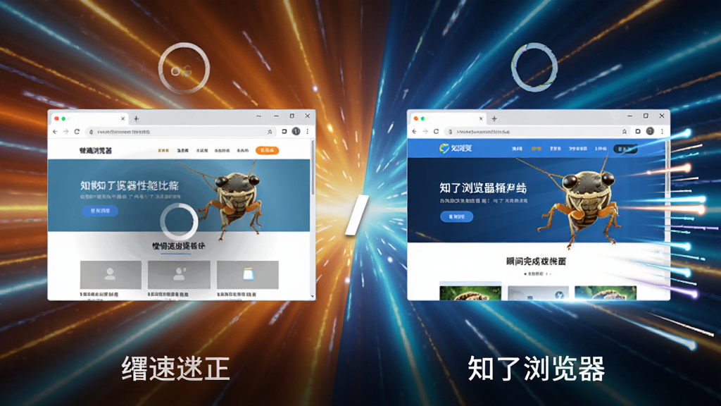 展示知了浏览器性能对比的示意图,画面左侧为普通浏览器以慢速加载网页并显示加载圈,右侧为知了浏览器瞬间完成页面展示并带有速度线特效,背景为抽象的速度感光轨,色调明亮,对比强烈,风格写实,画质清晰,无多余元素