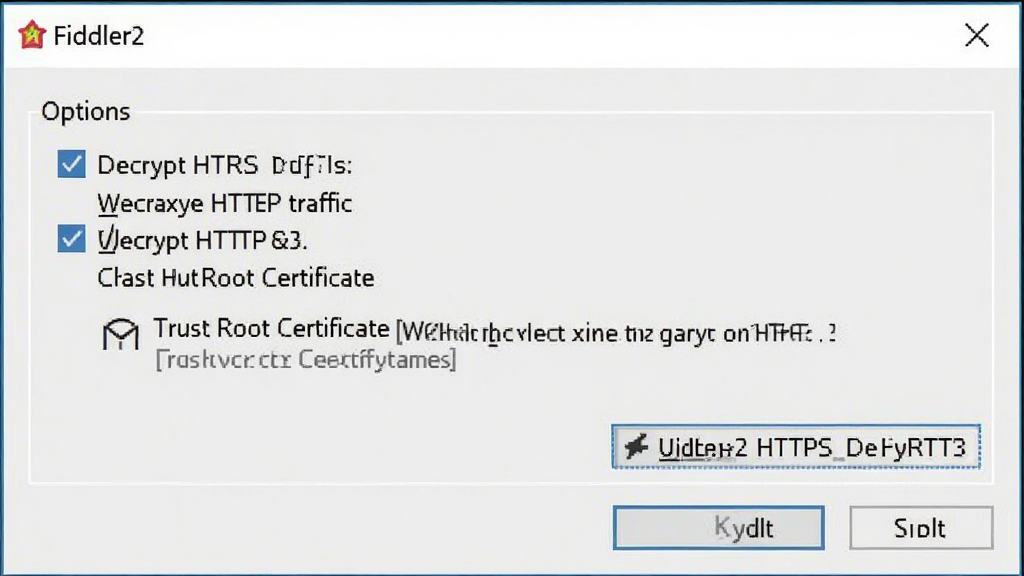 一张Fiddler2设置HTTPS解密选项的截图,显示Options窗口,勾选Decrypt HTTPS traffic,并点击Trust Root Certificate,界面清晰,画质清晰,无多余元素