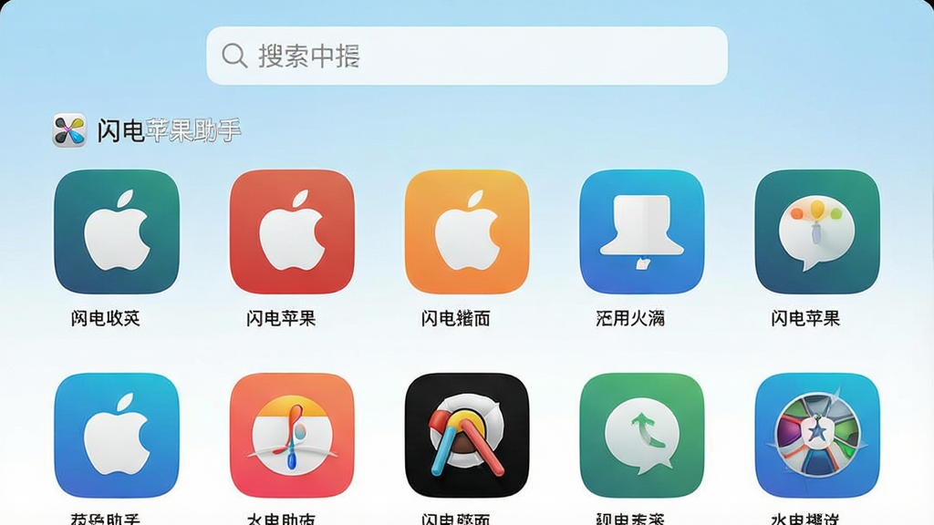 一张展示闪电苹果助手应用商店界面的图片,画面中央展示多款热门应用图标,顶部有搜索栏,背景为淡蓝色渐变,整体风格明亮清晰,布局规整,图标排列整齐,带有“闪电苹果助手”字样,画质干净,无多余元素。