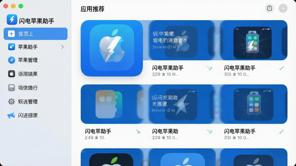 一张展示闪电苹果助手主界面的高清截图,界面布局清晰,左侧为功能导航栏,右侧为应用推荐列表,整体风格简洁现代,以蓝色和白色为主色调,图标精致,文字标注“闪电苹果助手”,画质干净,无多余元素。