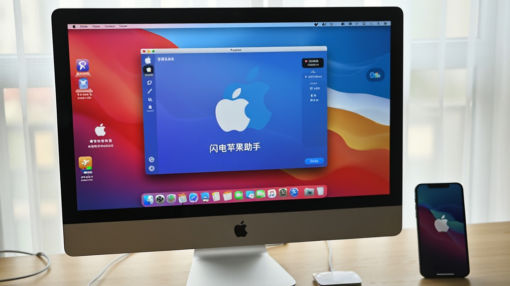 一张展示闪电苹果助手在电脑上运行的实拍图片,电脑屏幕上显示软件主界面,旁边放置一台苹果手机,画面清晰,光线自然,带有“闪电苹果助手”字样,画质干净,无多余元素。