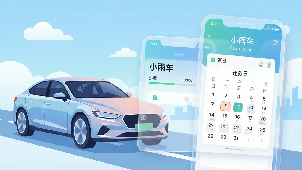 画面主体为一辆线条流畅的现代轿车,车头前方悬浮着一个半透明的手机界面,界面中清晰显示“小雨车”应用主页面,包含进度条与还款日历等元素。背景采用浅蓝色渐变,搭配白色云朵与道路剪影。布局上,轿车位于左侧三分之一处,手机界面占据右侧三分之二,形成对角平衡。风格为扁平化插画风,色彩鲜明柔和,细节上突出APP名称“小雨车”字样,画质高清,干净无多余元素。