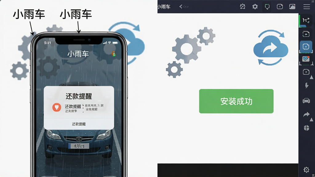 一组对比图,左侧为手机端小雨车界面,右侧为电脑模拟器界面。手机界面上显示“还款提醒”弹窗,模拟器界面显示“安装成功”字样。背景加入齿轮与云同步图标,构图左右分开,风格清晰图解,细节标注“小雨车”名称,画质干净无多余元素。