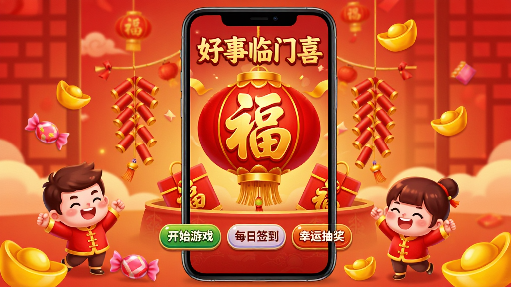 画面主体为手机屏幕内展示“好事临门喜”游戏主界面,界面中央一个大红灯笼和金色福字,两侧有鞭炮和红包装饰,背景为温馨的红色渐变。布局:手机居中,屏幕内容清晰可见,周围有散落的金色元宝和糖果。排版:界面下方展示“开始游戏”“每日签到”“幸运抽奖”三个按钮。风格:中国风喜庆插画,色彩鲜艳明快,细节丰富,Q版卡通角色在一旁欢呼。画质:高清渲染,干净无多余元素,整体充满节日氛围。