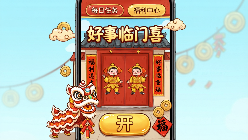 主体:一个喜庆的中国风手机应用界面,屏幕上显示“好事临门喜”字样和卡通吉祥物。布局:界面中央有一扇朱红色大门,门上贴着金色门神,门两侧悬挂对联,前景有舞狮和鞭炮。排版:界面顶部有“每日任务”“福利中心”标签,底部中间一个大大的金色“开”字按钮。风格:2D手绘卡通风格,色彩以红、金为主,细节包含祥云、铜钱、福字。画质:高分辨率,画面干净明亮,无多余元素。