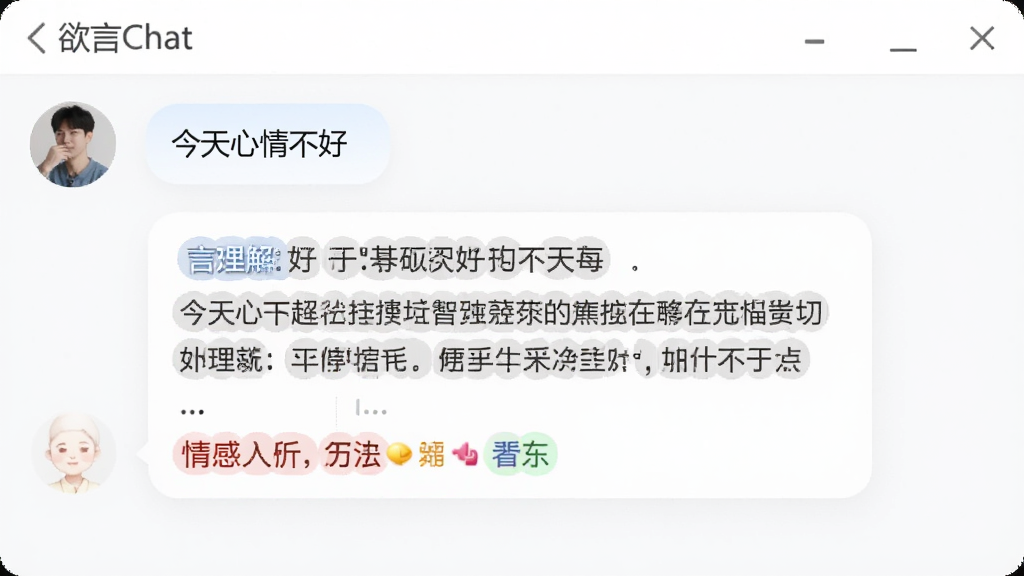 展示欲言Chat智能对话功能的界面截图,一个用户正在输入“今天心情不好”,软件以温柔的语气回复安慰话语,界面中突出显示AI理解的语义标签与情感分析图标,软件名称“欲言Chat”出现在对话框上方,整体布局清爽简洁,画质清晰,无杂乱元素。