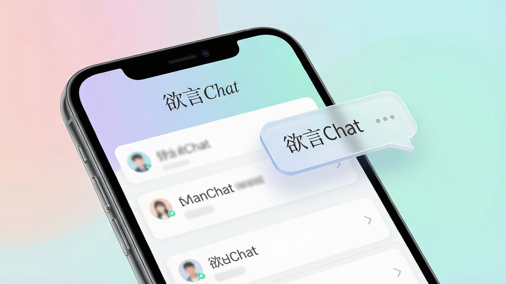一张展示欲言Chat主界面的高清渲染图,手机屏幕内呈现简洁的聊天列表与悬浮的智能对话气泡,软件名称“欲言Chat”以优雅字体显示在屏幕顶部,背景采用柔和的渐变色,整体风格现代、干净、通透,画质细腻,无多余元素。
