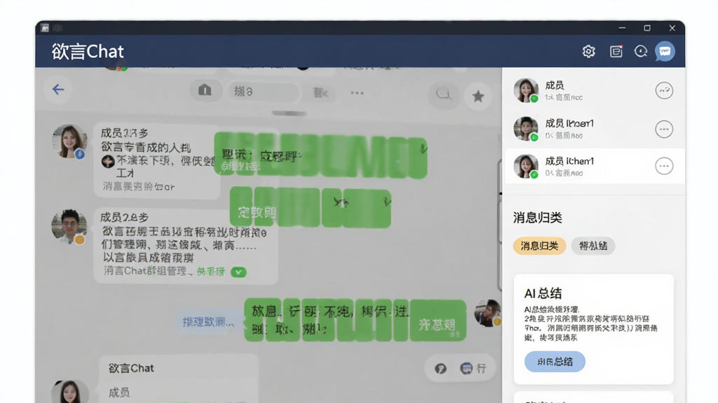 展示欲言Chat群组管理功能的界面,屏幕上呈现一个群聊页面,右侧滑出管理面板,包含成员列表、消息归类标签与AI总结卡片,软件名称“欲言Chat”在导航栏显示,整体布局规整,信息层级分明,画质细腻,无多余元素。