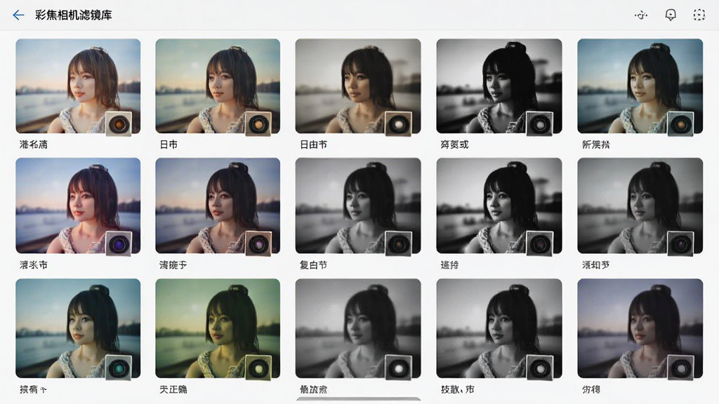 彩焦相机滤镜库界面,屏幕中排列多款滤镜缩略图,每张缩略图展示不同色彩风格如日系、复古、黑白等,主体为滤镜网格布局,排版整齐有序,风格简洁直观,细节显示滤镜名称与效果预览,画质清晰干净,无多余元素