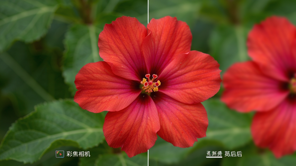 彩焦相机智能色彩聚焦功能演示,主体为一朵红色花朵在画面中央,背景为绿色叶片被柔化处理,布局突出前景与背景对比,排版直观展示色彩聚焦前后效果对比,风格自然写实,细节展现花瓣纹理与色彩渐变,画质细腻干净,无多余元素