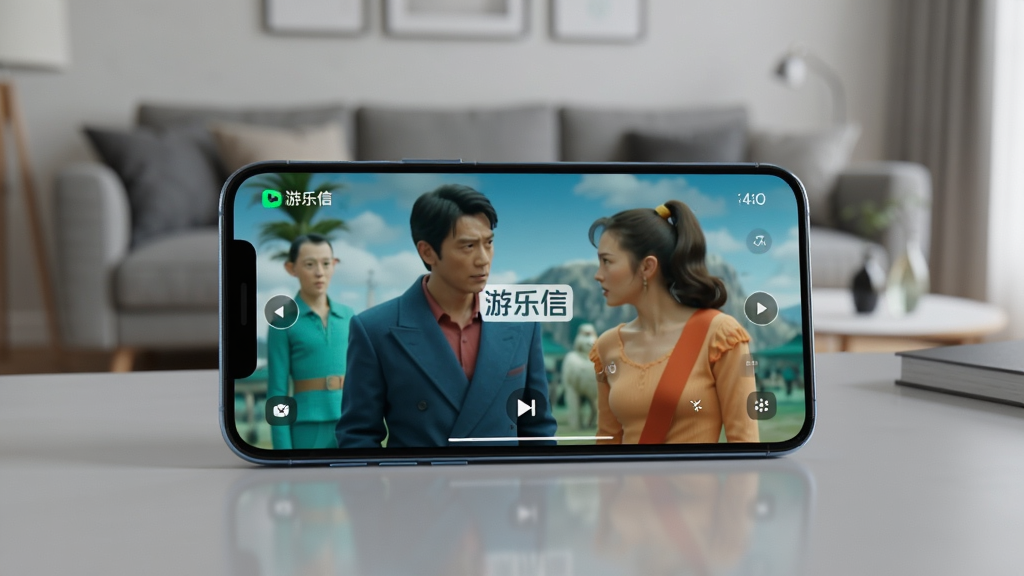 画面主体为一部正在播放高清影视内容的智能手机,屏幕中呈现色彩鲜艳的电影画面,手机斜放在简洁桌面上,背景为模糊的客厅环境。布局采用手机居中构图,突出屏幕内容,排版简洁大气。风格为现代科技感写实风格,细节上屏幕内画面清晰,界面显示