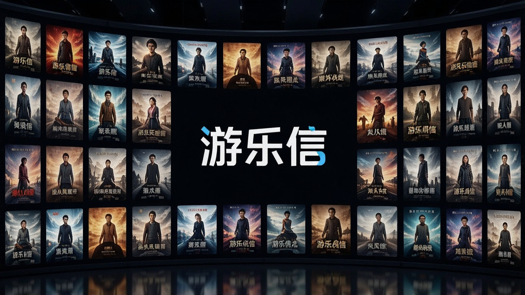 图像主体为巨大的电子屏幕墙,上面整齐排列着众多电影和电视剧的海报封面,色彩斑斓,屏幕墙中央显示