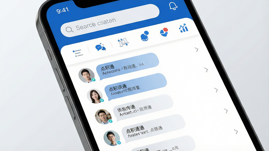一张智能手机屏幕特写,屏幕中清晰显示“点积通”主界面,界面布局为现代简约的列表式设计,上方是搜索栏和功能图标,下方是不同联系人的对话气泡列表。整体色调以品牌蓝色和白色为主,背景为干净的浅灰色渐变,画面主体突出,构图平稳,风格为专业APP宣传海报,细节展现界面图标与信息层级,画质高清干净,无多余元素。
