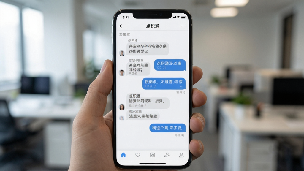 一张竖版手机截图,展示“点积通”在手机上的运行状态,画面中手机被握在手中,屏幕亮起显示应用主界面,上方有网络信号良好的图标,背景为虚化的办公环境。布局为手持设备特写,排版自然,风格为写实拍摄风格,细节体现屏幕内的对话内容,画质高清,无多余元素。