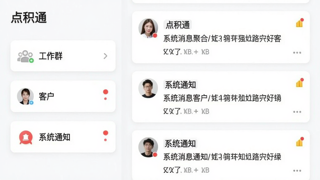 展示“点积通”消息聚合功能的界面截图,画面分为左右两栏,左侧为不同的消息来源标签,如“工作群”、“客户”、“系统通知”,右侧为统一排列的对话预览卡片。布局清晰有致,排版采用卡片式设计,风格简洁明亮,细节处体现消息未读红点与置顶图标,画质干净整洁,无多余元素。
