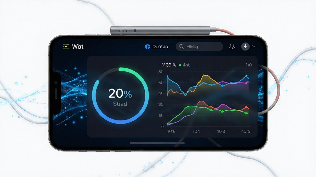 主视觉展示“瓦特”软件的电池电量监控界面,居中构图,界面显示环形电量百分比与多彩耗电曲线图,整体风格为深色科技感UI,背景辅以流动的蓝色数码能量光效,细节清晰,画质干净,无多余元素