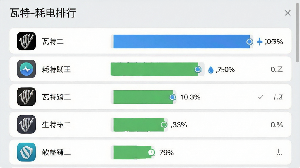 展示“瓦特”软件的应用耗电排行列表,左侧为应用图标与名称,右侧为耗电百分比长条图,界面简洁明亮,采用卡片式布局,顶部标题栏显示“瓦特-耗电排行”,背景为浅灰色,画质干净,无多余元素