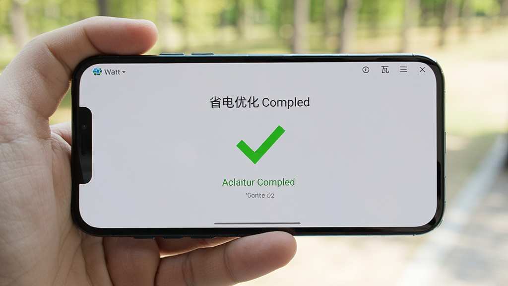 展示“瓦特”软件在手机上的实际使用场景,手机横屏握持,屏幕中显示省电优化完成的绿色对勾界面,背景为模糊的户外环境,光线充足,突出软件操作的便捷与直观,画质干净,无多余元素