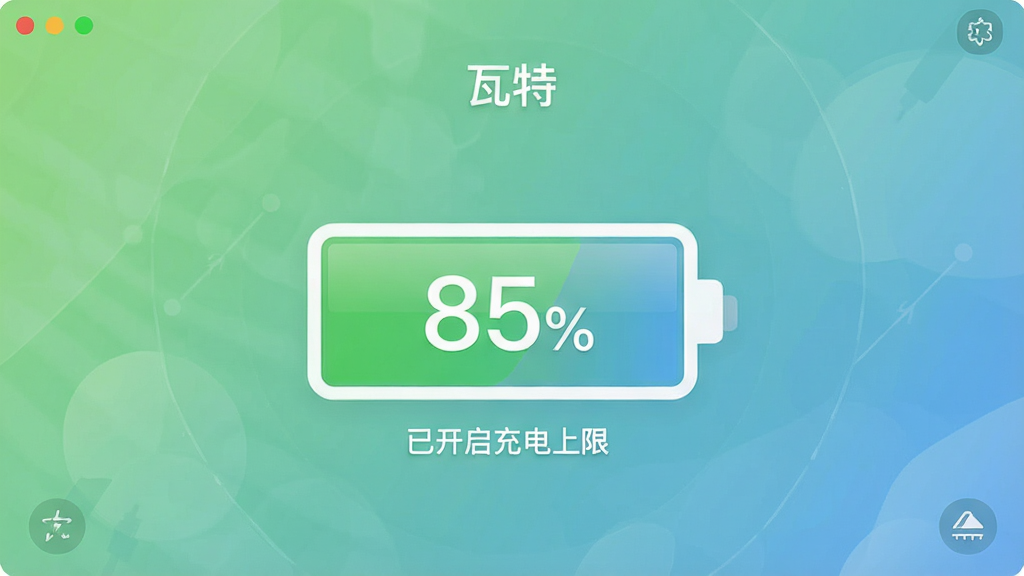 展示“瓦特”软件的充电保护界面,画面中央显示一个大电池图标,电量数字为“85%”,并带有“已开启充电上限”的文字提示,界面采用柔和的绿色与蓝色渐变背景,风格简约清新,细节丰富,画质干净,无多余元素