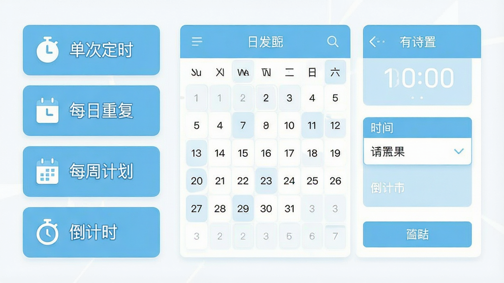 一张功能示意图,左侧列出“单次定时”“每日重复”“每周计划”“倒计时”四个选项卡片,右侧对应显示日历和时间设置面板,整体排版清晰,扁平化设计,以浅蓝和白色为主色调,画质干净,无多余元素。