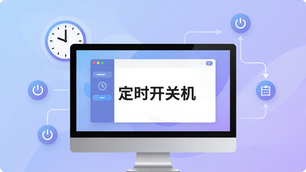 一幅现代简约风格的软件宣传横幅,前景是电脑屏幕显示“定时开关机”主界面,周围环绕时钟图标、电源按钮和自动任务流程线条,背景为柔和的蓝紫色渐变,干净明亮,画质高清,无多余元素。