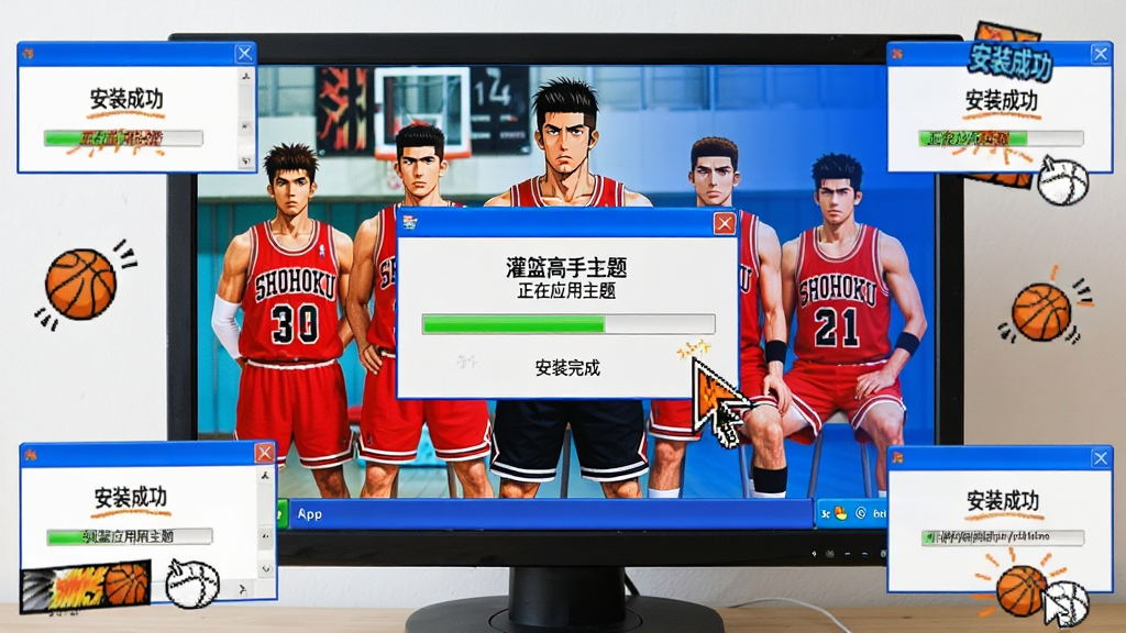 主体:一台正在安装灌篮高手主题的Windows XP电脑屏幕,安装进度条显示“正在应用主题”,背景是湘北队合影。布局:屏幕居中,周围有“安装成功”的弹窗和卡通篮球装饰。排版:屏幕占80%,弹窗占15%。风格:写实与动漫结合,清晰明亮。细节:安装界面有“灌篮高手主题”字样,弹窗显示“安装完成”,鼠标指针变成篮球形状。画质:高清,干净,无多余元素。