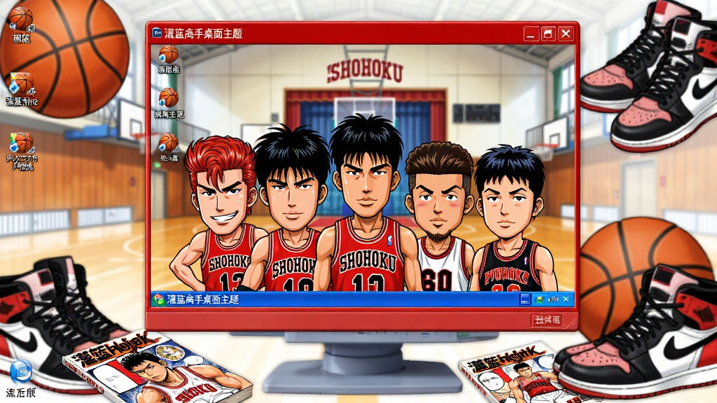 主体:一台运行着灌篮高手主题的Windows XP电脑桌面,屏幕显示湘北队首发五人组(樱木花道、流川枫、赤木刚宪、宫城良田、三井寿)的Q版合影,背景是熟悉的湘北高中体育馆。布局:电脑屏幕居中,四周环绕着篮球、球鞋等元素,下方散落着几本《灌篮高手》漫画单行本。排版:屏幕画面占主体80%,周围元素点缀。风格:动漫插画风格,色彩鲜明,人物造型还原原作。细节:屏幕中可见“灌篮高手桌面主题”字样,窗口边框为红色,图标为篮球形状。画质:高清,干净,无多余元素。