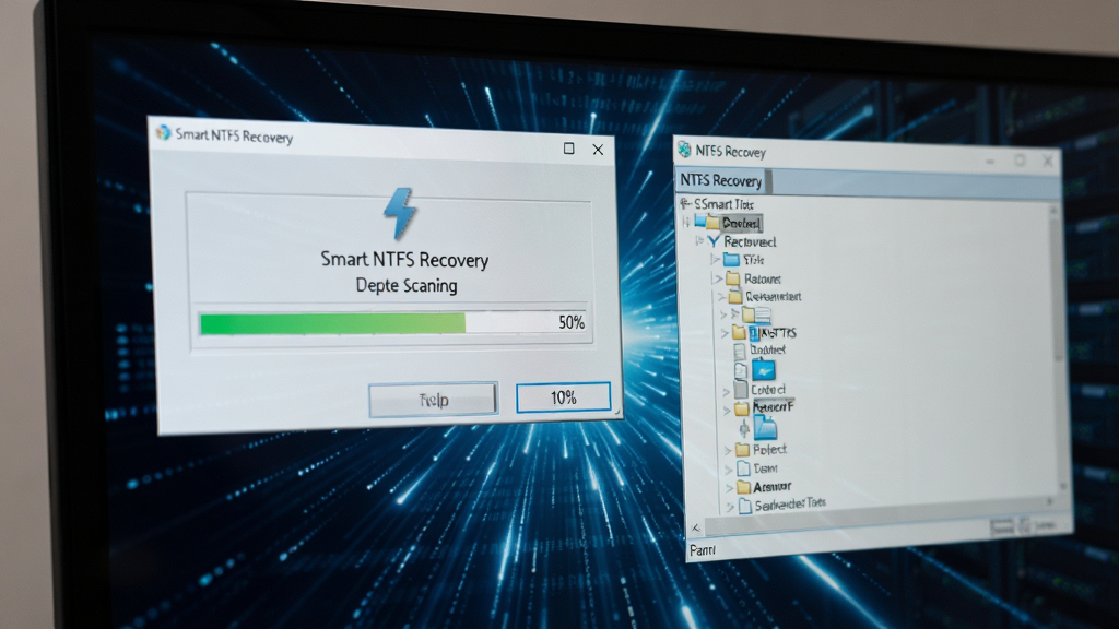电脑屏幕显示Smart NTFS Recovery正在进行深度扫描的界面特写,进度条显示扫描百分比,右侧窗口实时列出正在恢复的NTFS分区目录结构,文件图标逐个点亮,背景为数据流动的光束效果,采用写实风格,画面光线柔和清晰,突出软件扫描过程的细致与深度