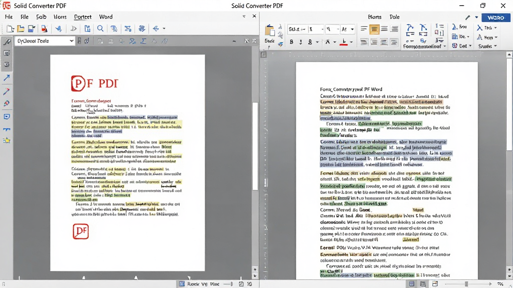 Solid Converter PDF软件截图,中间显示PDF文件内容正在被转换为Word文档,左侧为原始PDF预览,右侧为转换后的Word编辑界面,高亮显示文字识别准确,格式保留完整,界面清晰直观,画质高清,干净无多余元素