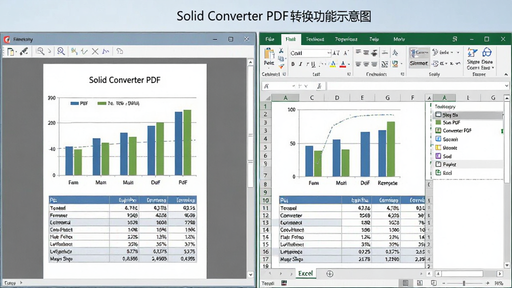 Solid Converter PDF转换功能示意图,界面分为左右两部分,左侧为PDF文件中的柱状图和数据表格,右侧为转换后的Excel表格,数据完整,图表可编辑,整体风格专业,画面干净,清晰展示软件功能,画质高清,无多余元素