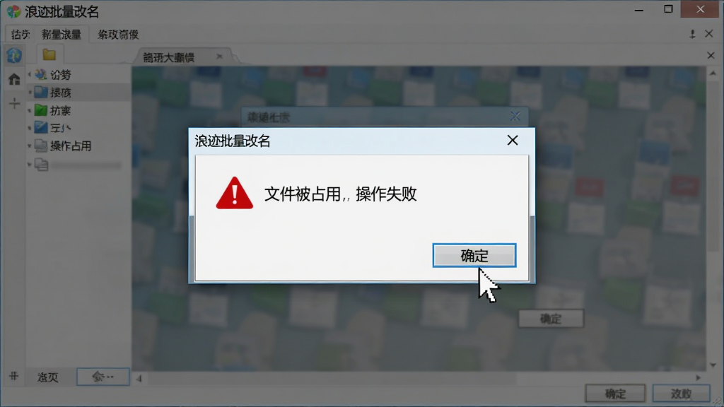 展示“浪迹批量改名”软件运行时的防错提示界面,主体为电脑屏幕截图,屏幕中显示一个警告对话框,提示“文件被占用,操作失败”,背景为软件主界面,布局清晰,风格写实,细节包括对话框的红色警告图标,屏幕外有鼠标指针悬停在“确定”按钮,整体干净无杂乱元素