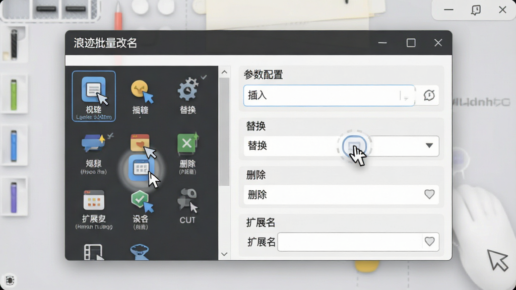 展示“浪迹批量改名”软件特色功能界面,主体为规则配置面板特写,布局居中,左侧显示可拖拽的规则图标列表,右侧为参数设置选项,包括“插入”、“替换”、“删除”、“扩展名”等模块,排版整齐,风格简洁现代,背景为浅灰色工作台,细节处有鼠标拖拽规则的光影效果,文字标签清晰可见,画质干净无杂物