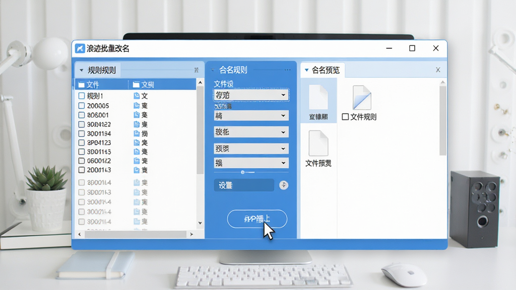 画面主体为“浪迹批量改名”软件主界面悬浮于整洁桌面,界面清晰展示文件列表与命名规则设置面板,布局左右分栏,左侧为规则配置区,右侧为文件预览区,整体风格扁平化设计,配色以蓝白为主,细节包含鼠标光标正在点击应用按钮,画质高清干净,无多余元素